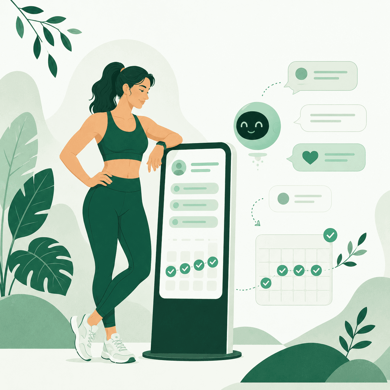 Illustration of a fitness coach with an AI assistant answering messages and filling calendar slots
