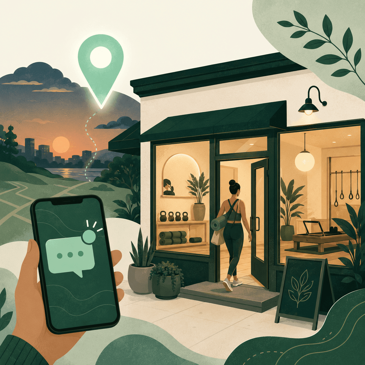 Illustration of a studio storefront with a map pin, an instant reply text and a member walking in