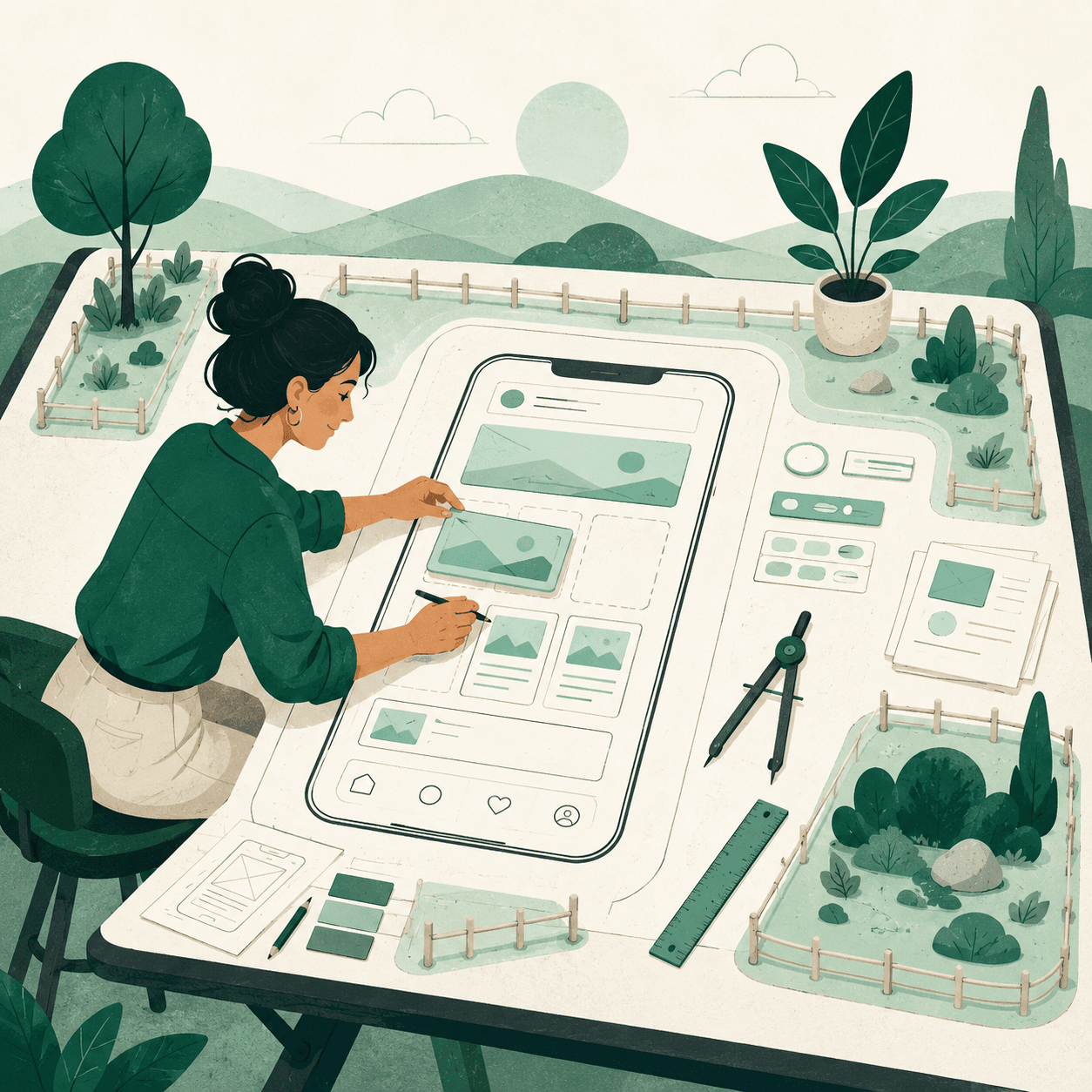 Illustration of a founder assembling a mobile app wireframe like a blueprint on a drafting table