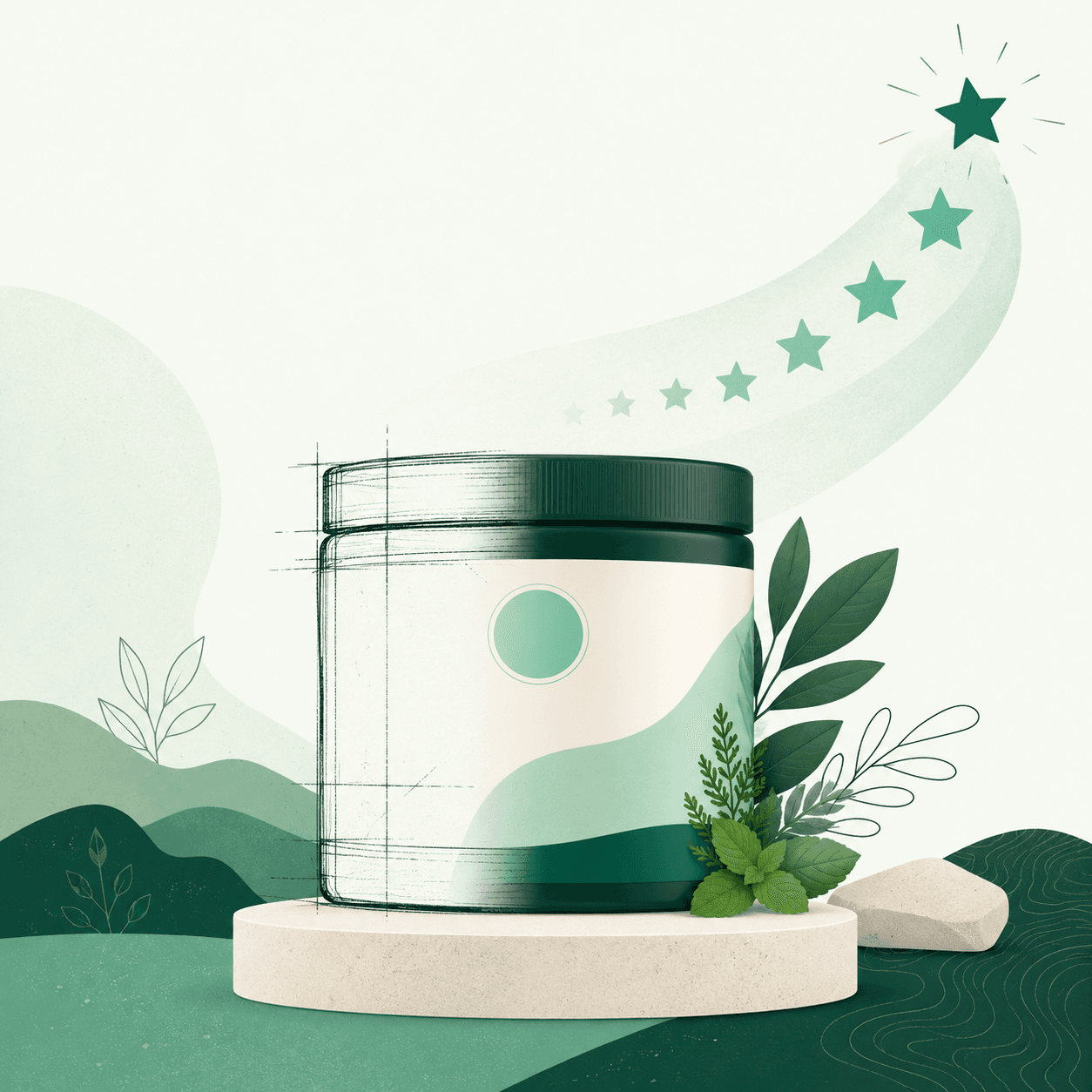 Illustration of a supplement jar transforming from a plain sketch into a polished labeled product