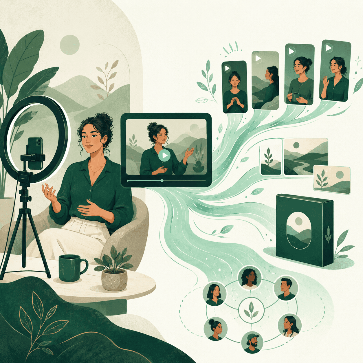 Illustration of a wellness creator's content flowing into courses, community and sponsorships