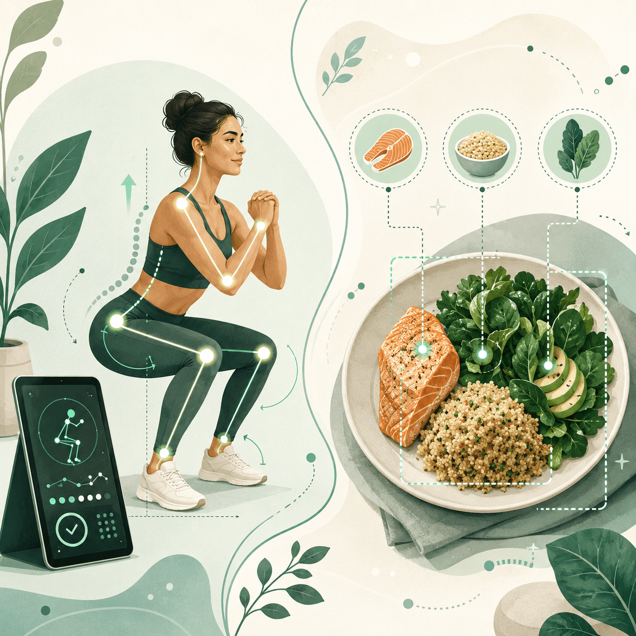 Illustration of a phone camera analyzing exercise form with pose keypoints