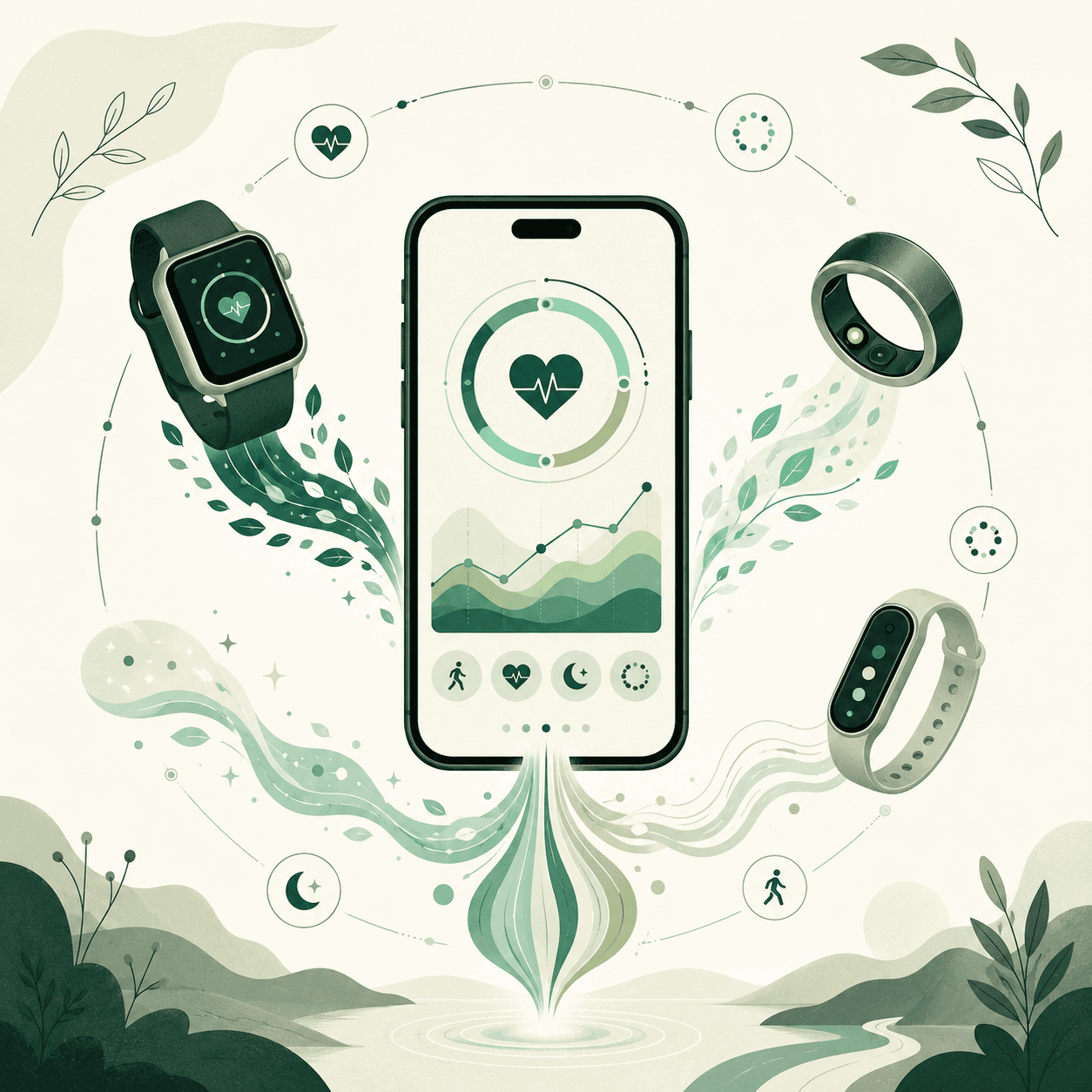 Illustration of watches, rings and fitness trackers syncing cleanly into one app